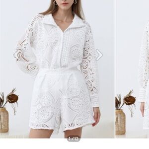 Commense NWT Guipure white lace buttoned shirt and shorts set size small